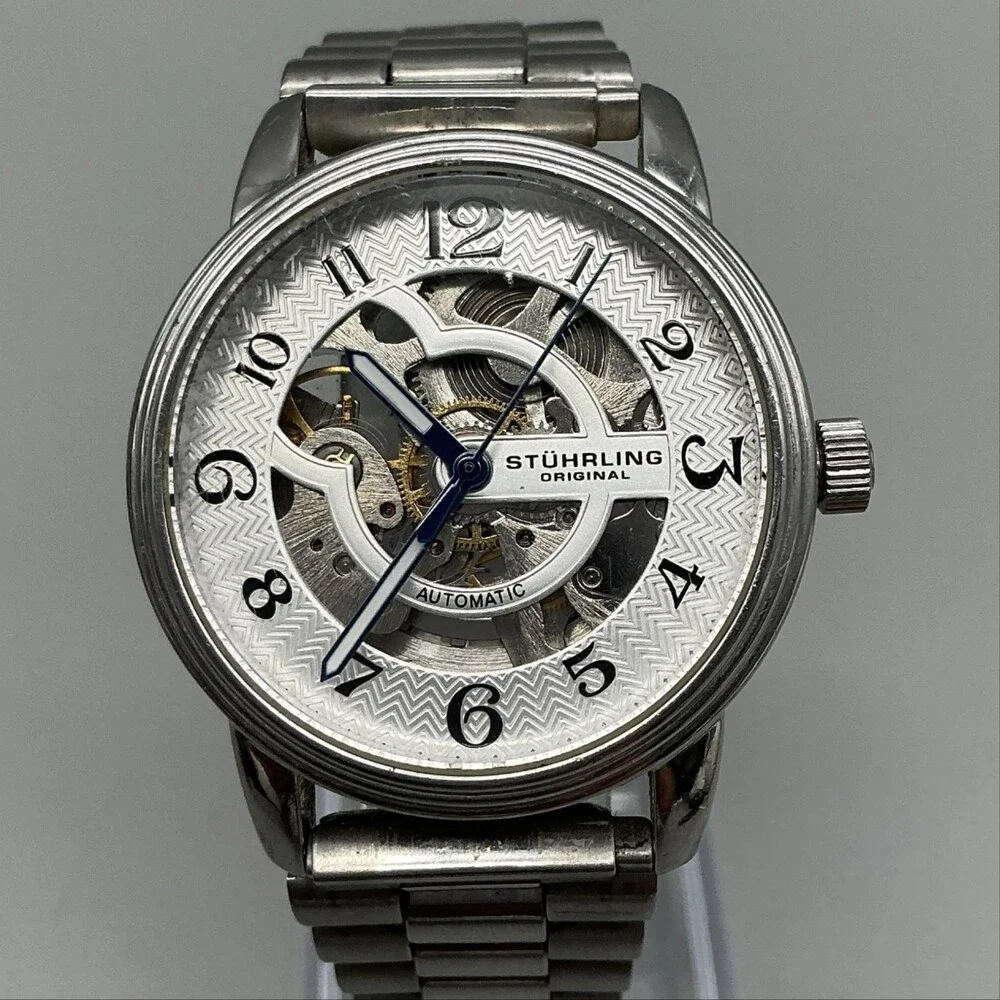 Stuhrling Delphi Mens Watch 35mm Silver Skeleton Dial Stainless Automatic 6.5